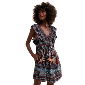 Anthropologie Black Floral‎ & Animal Print Deep V Front Dress Sz. M